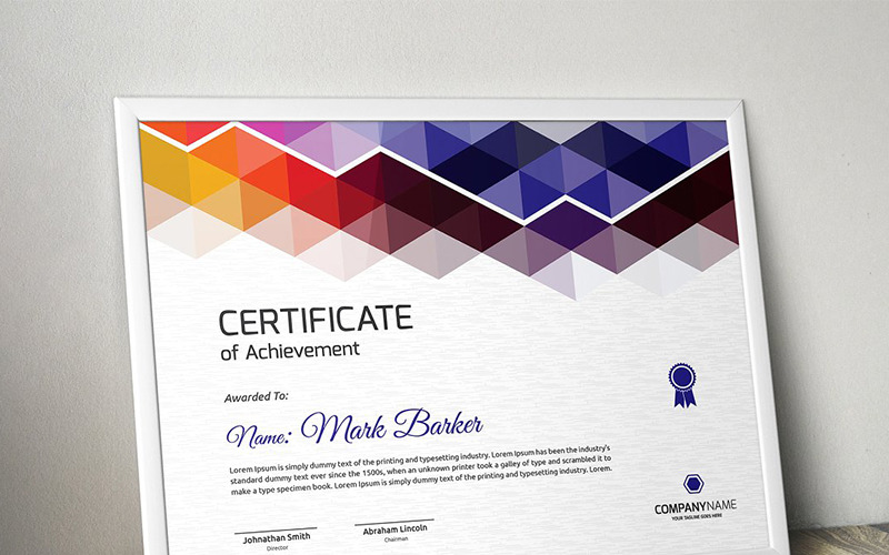 Download Шаблон сертификата "Colorful Triangles Certificate Template" / Colorful Triangles Certificate Template - Шаблон сертификата на тему графика certificate corporate decorative diploma elegant excellence frame graduation green modern multicolor ornament ornaments paper print ready template professional red simple