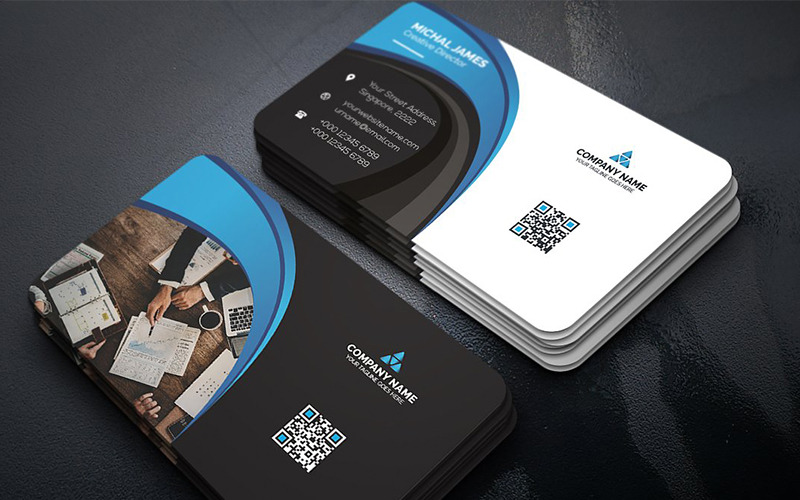 Download Фирменный стиль "Curvy Dark Business Card - Corporate Identity Template" / Curvy Dark Business Card - Corporate Identity Template - Фирменный стиль на тему графика black blue business card design clean corporate creative cyan elegant green line minimalist modern template orange personal photoshop print red