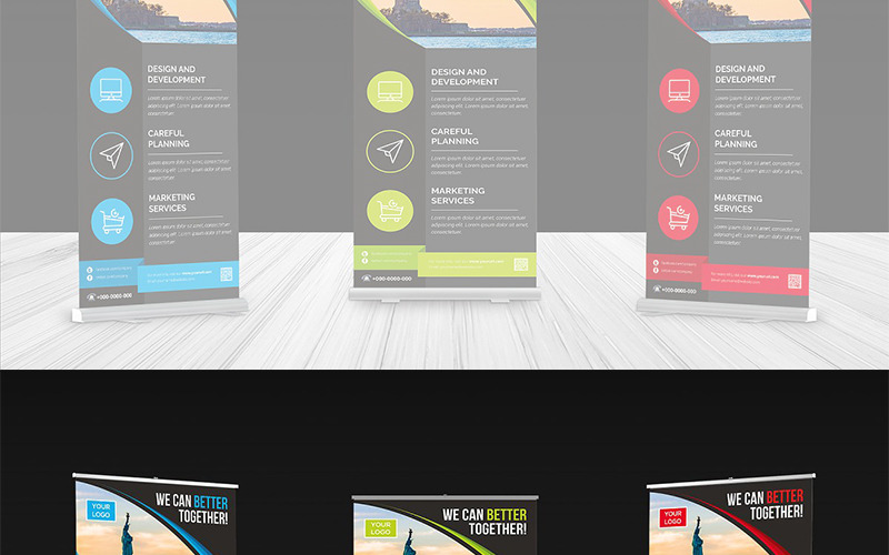 Download Фирменный стиль "Curvy Modern Roll-up Banner - Corporate Identity Template" / Curvy Modern Roll-up Banner - Corporate Identity Template - Фирменный стиль на тему графика advert advertise ai banner signage template banners billboard blue business roll up clean corporate display eps file global graphic illustrator