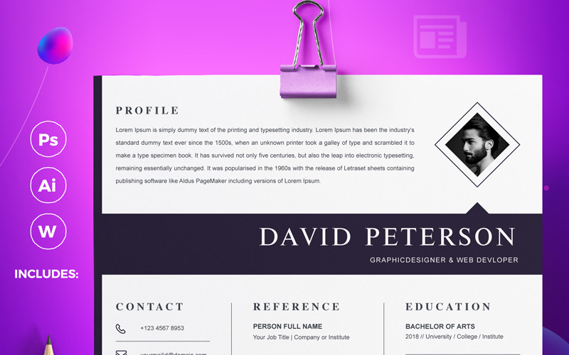 Download Резюме "David Resume Template" / David Resume Template - Резюме на тему графика a4 clean resume cv doc elegant template indesign infographic modern professional creative design minimal pages portfolio word us letter