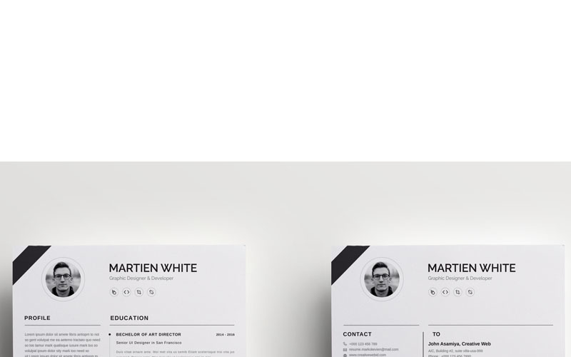 Download Резюме "Martein White Creative Resume Template" / Martein White Creative Resume Template - Резюме на тему графика resume a4 clean cv doc elegant template indesign infographic modern professional creative design minimal pages portfolio word