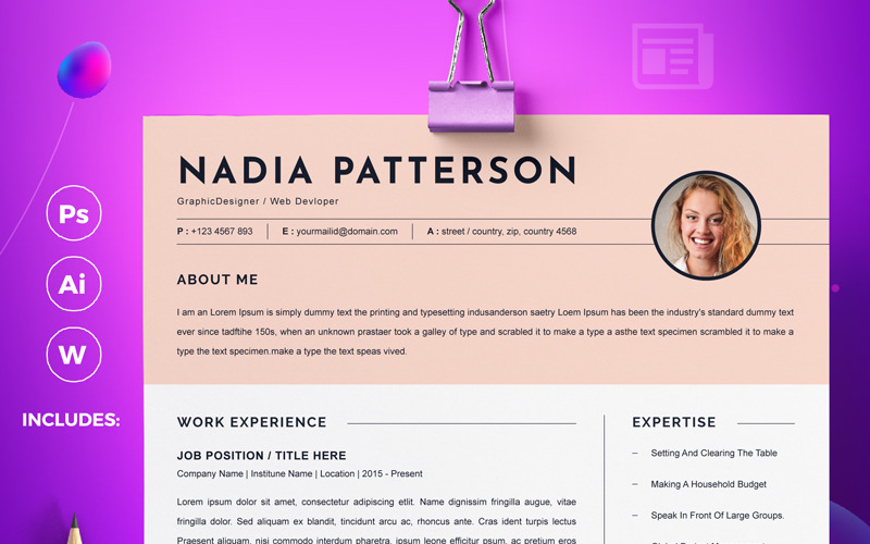 Download Резюме "Nadia Resume Template" / Nadia Resume Template - Резюме на тему графика a4 clean resume cv doc elegant template indesign infographic modern professional creative design minimal pages portfolio word us letter