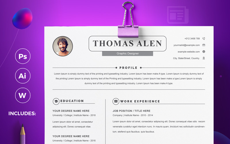 Download Резюме "Thomas Resume Template" / Thomas Resume Template - Резюме на тему графика a4 clean resume cv doc elegant template indesign infographic modern professional creative design minimal pages portfolio word us letter
