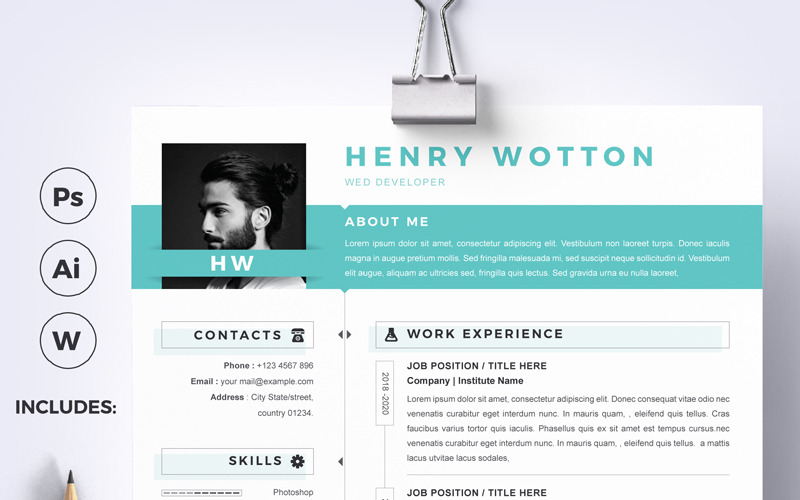 Download Резюме "Wotton Resume Template" / Wotton Resume Template - Резюме на тему графика a4 clean resume cv doc elegant template indesign infographic modern professional creative design minimal pages portfolio word us letter
