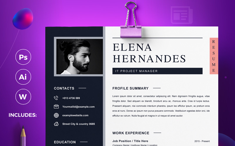 Download Резюме "Elena Resume Template" / Elena Resume Template - Резюме на тему графика a4 clean resume cv doc elegant template indesign infographic modern professional creative design minimal pages portfolio word us letter 3
