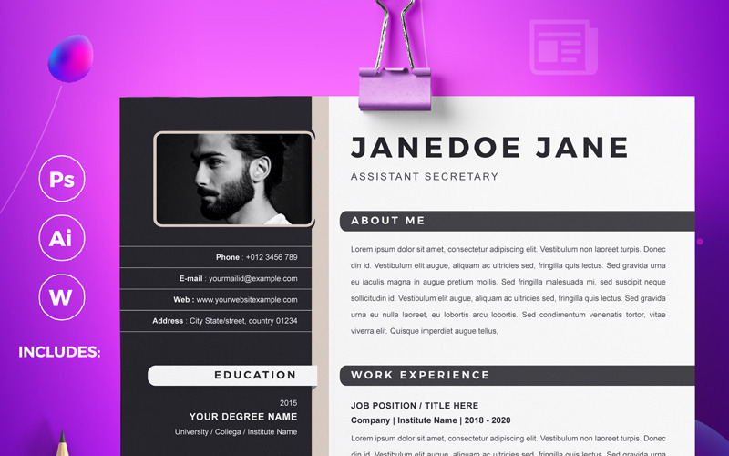 Download Резюме "Jane Resume Template" / Jane Resume Template - Резюме на тему графика a4 clean resume cv doc elegant template indesign infographic modern professional creative design minimal pages portfolio word us letter