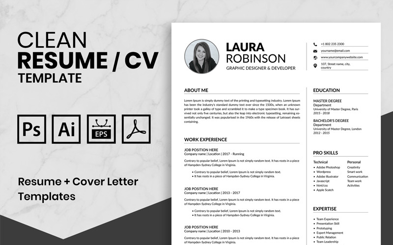 Download Резюме "Laura Robinson Resume Template" / Laura Robinson Resume Template - Резюме на тему графика clean cv design elegant resume female feminine infographic letter minimalist modern portfolio professional indesign minimal pages word template