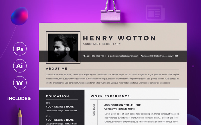 Download Резюме "Wotton Resume Template" / Wotton Resume Template - Резюме на тему графика a4 clean resume cv doc elegant template indesign infographic modern professional creative design minimal pages portfolio word us letter