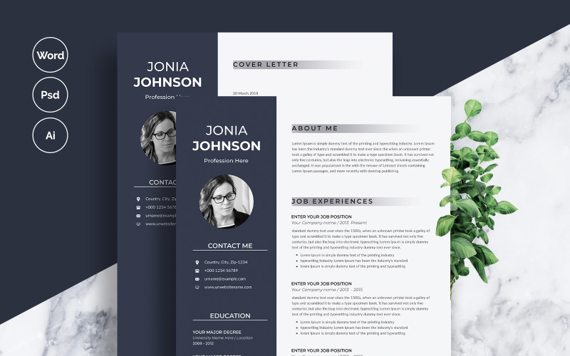 Download Резюме "Jonia Johnson Resume Template" / Jonia Johnson Resume Template - Резюме на тему графика 1 page resume 2 a4 blue clean cover letter creative cv template design document infographic microsoft word minimalist modern photoshop