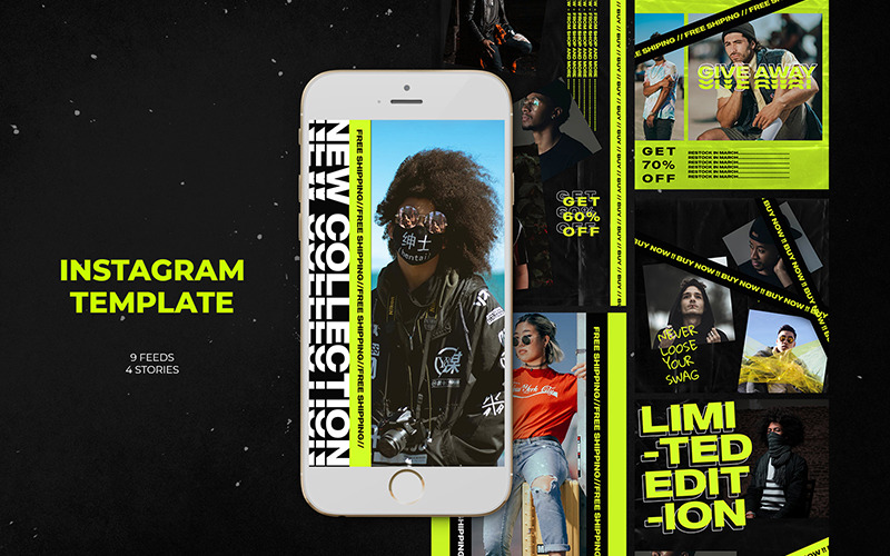 Download Шаблон для соцсетей "Fashionable Neon Instagram Templates for Social Media" / Fashionable Neon Instagram Templates for Social Media - Шаблон для соцсетей на тему графика business buy clothes clothing cloths coupon deal discount dress fashion flat design gif instagram marketing multipurpose page promotion retargeting sale