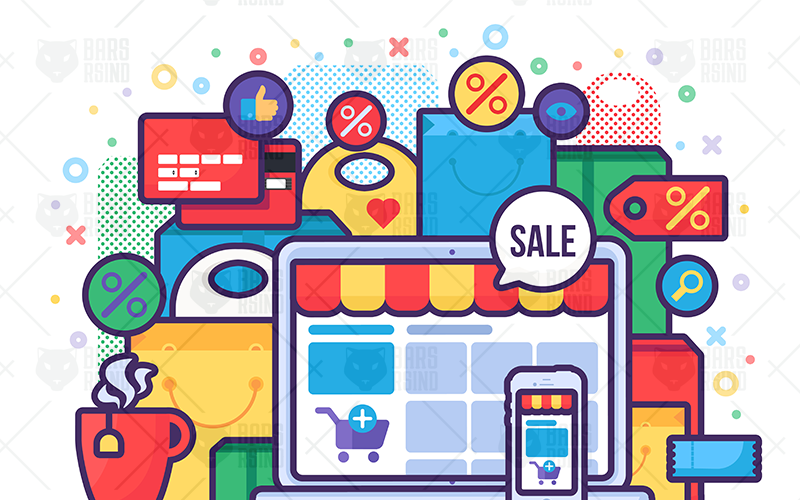 Download Иллюстрация "Online Sale In Shop Concept - Illustration" / Online Sale In Shop Concept - Illustration - Иллюстрация на тему графика online shop store retail sale service ecommerce cart mobile commerce payment technology business purchase market online shopping vector illustration shop