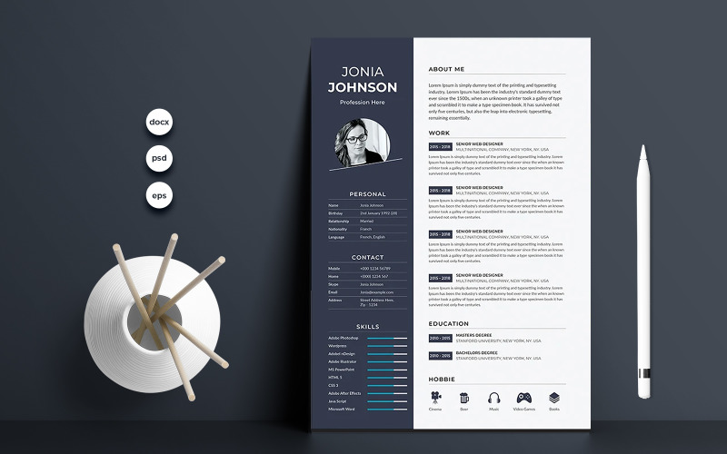 Download Резюме "Johnson Resume Template" / Johnson Resume Template - Резюме на тему графика a4,clean,cv,template,design,elegant,resume,female,feminine,indesign,infographic,minimalist,modern,portfolio,professional,minimal,pages,word