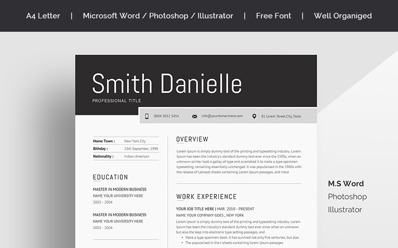 Download Резюме "Smith Danielle Resume Template" / Smith Danielle Resume Template - Резюме на тему графика a4 clean cv design elegant resume female infographic letter minimalist modern portfolio professional indesign minimal pages word template