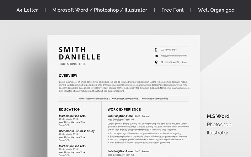 Download Резюме "Smith Resume Template" / Smith Resume Template - Резюме на тему графика a4 clean cv design elegant resume female infographic letter minimalist modern portfolio professional indesign minimal pages word template