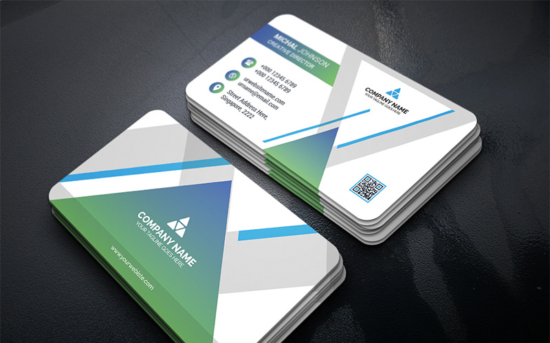 Download Фирменный стиль "Geometric Business Card - Corporate Identity Template" / Geometric Business Card - Corporate Identity Template - Фирменный стиль на тему графика blue brand business card clean cmyk color company corporate creative design designer green horizontal modern orange personal print ready professional