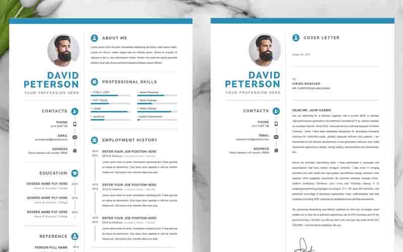 Download Резюме "For David Resume Template" / For David Resume Template - Резюме на тему графика 1 page resume 2 clean cv cover letter design template illustrator eps mac pages microsoft word modern photoshop psd professional