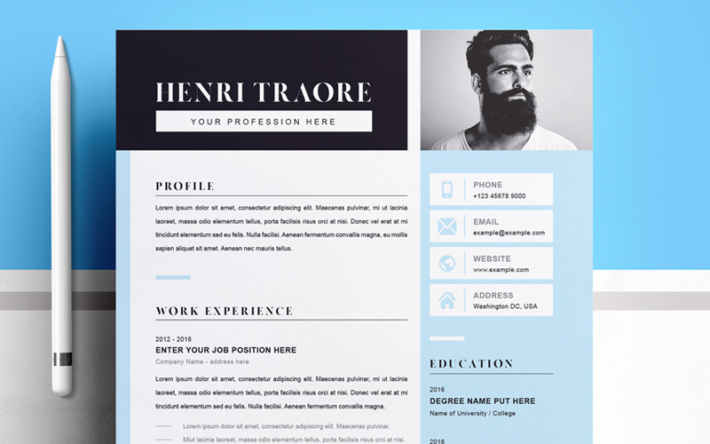 Download Резюме "For Henri Resume Template" / For Henri Resume Template - Резюме на тему графика 1 page resume 2 clean cv cover letter design template illustrator eps mac pages microsoft word modern photoshop psd professional