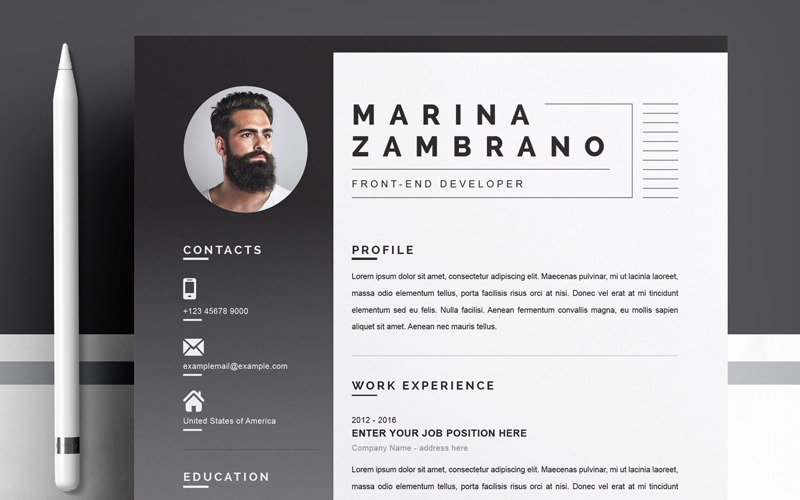 Download Резюме "Marina Resume Template" / Marina Resume Template - Резюме на тему графика 1 page resume 2 clean cv cover letter design template illustrator eps mac pages microsoft word modern photoshop psd professional