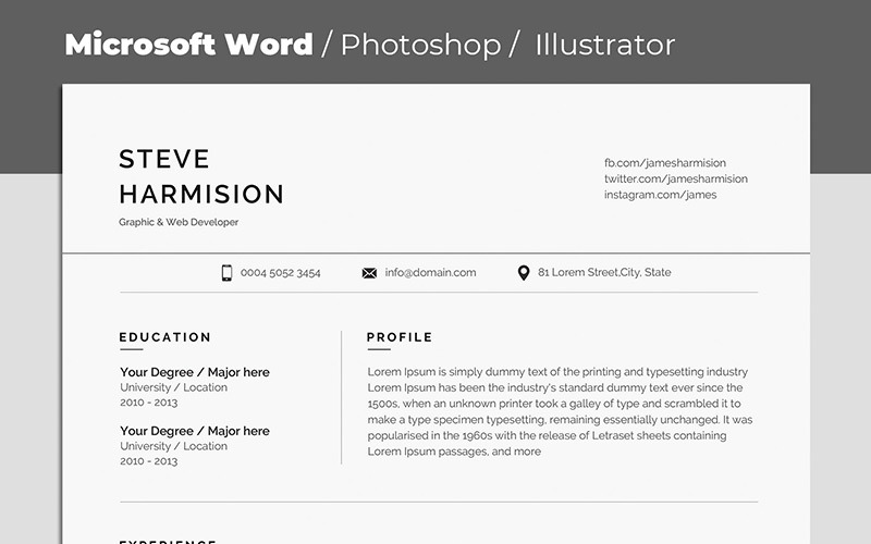 Download Резюме "Steve Harmision Resume Template" / Steve Harmision Resume Template - Резюме на тему графика a4 clean cv design elegant resume female infographic letter minimalist modern portfolio professional indesign minimal pages word template