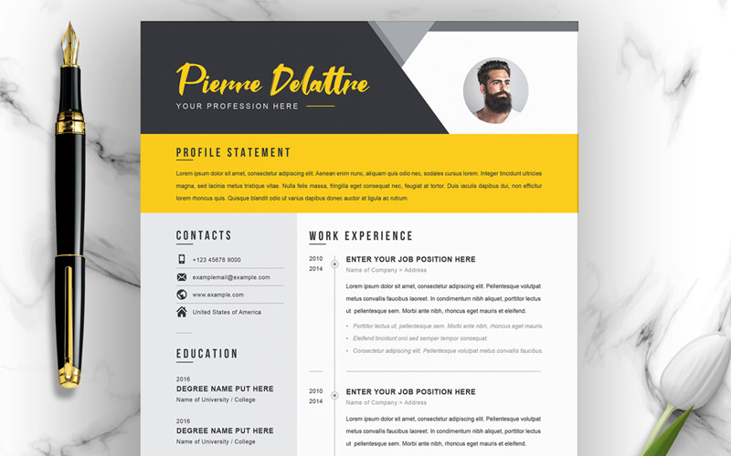 Download Резюме "Yellow for Pierre Delatree Resume Template" / Yellow for Pierre Delatree Resume Template - Резюме на тему графика 1 page resume 2 clean cv cover letter design template illustrator eps mac pages microsoft word modern photoshop psd professional