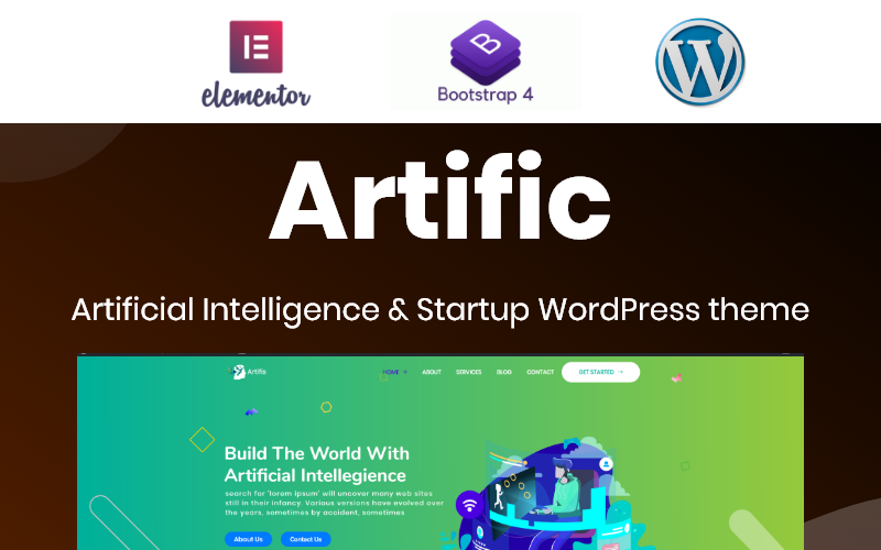 Artific - Kunstmatige intelligentie en opstarten Bootstrap WordPress Elementor-thema