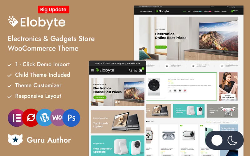 Elobyte – Responsives Elementor WooCommerce-Theme für Megastores für Elektronik und Digital
