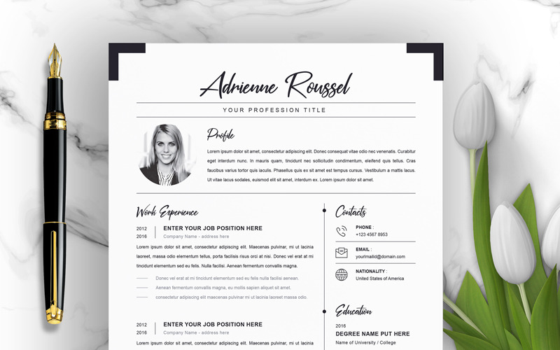 Download Резюме "Adrienne Resume Template" / Adrienne Resume Template - Резюме на тему графика 1 page resume 2 clean cv cover letter design template illustrator eps mac pages microsoft word modern photoshop psd professional