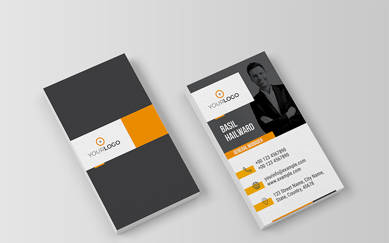 Diseño de tarjeta de presentación con detalles en amarillo y naranja
