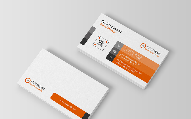Макет визитной карточки с оранжевыми акцентами - шаблон фирменного стиля