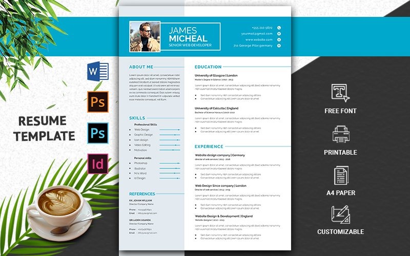 Download Резюме "Modern & CV Resume Template" / Modern & CV Resume Template - Резюме на тему графика professional resume cv template a4 printable printready creative minimal simple trendy microsoft word adobe inddesign illustrator,cv,rsume,template,fully,layered,a4,paper,size,modern,minimal,