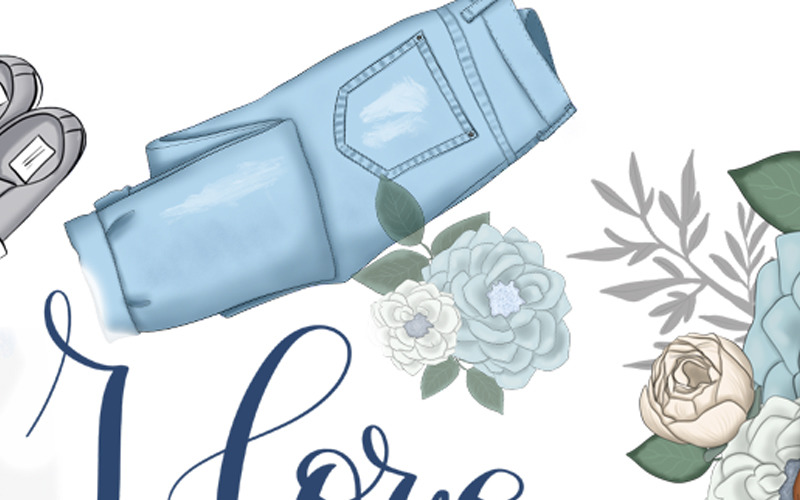 Download Иллюстрация "I Love Denim Clipart & Patterns - Illustration" / I Love Denim Clipart & Patterns - Illustration - Иллюстрация на тему графика girl floral flowers planner fashion illustration navy blue denim papers patterns jeans clipart collection clothing wear jacket text woman design