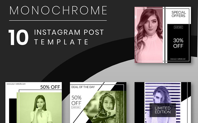 Download Шаблон для соцсетей "Monochrome - 10 Instagram Post Template for Social Media" / Monochrome - 10 Instagram Post Template for Social Media - Шаблон для соцсетей на тему графика monochrome banners black white instagram post stories ads marketing social media facebook cover multipurpose promotional shopping template fashion pack discount
