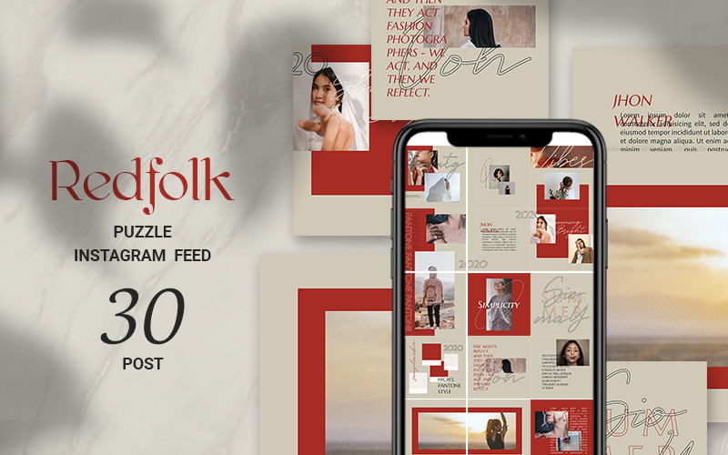 Download Шаблон для соцсетей "Redfolk Puzzle Instagram Feed Social Media Template" / Redfolk Puzzle Instagram Feed Social Media Template - Шаблон для соцсетей на тему графика black dark fashion feed food grid instagram posts puzzle man quotes red seemless social media template woman
