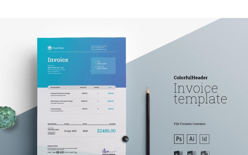 Download Фирменный стиль "Excel Invoice with Colorful Header - Corporate Identity Template" / Excel Invoice with Colorful Header - Corporate Identity Template - Фирменный стиль на тему графика colourful professional invoice business payment nvoice bill finance tax accounting account budget receipt document paper vector service money billing form