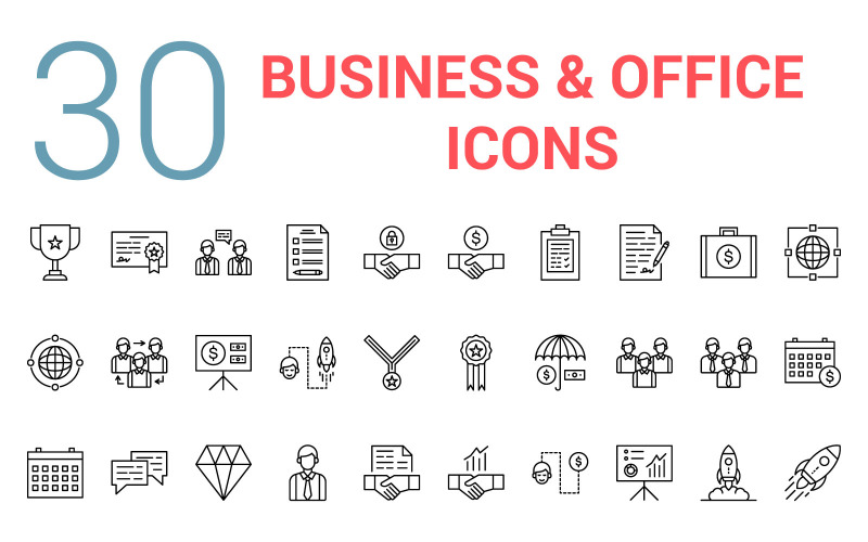 Download Набор иконок "Business & Office Line Icon Set" / Business & Office Line Icon Set - Набор иконок на тему графика business office award achievement certificate chat document handshake contract investment network team startup idea medal umbrella calendar employee diamond presentation