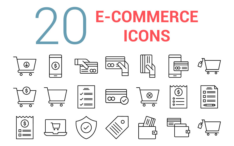 Download Набор иконок "E-Commerce Line Icon Set" / E-Commerce Line Icon Set - Набор иконок на тему графика call bill purchase payment credit card method shopping cart document checklist checkout invoice laptop tag wallet coupon secure sale