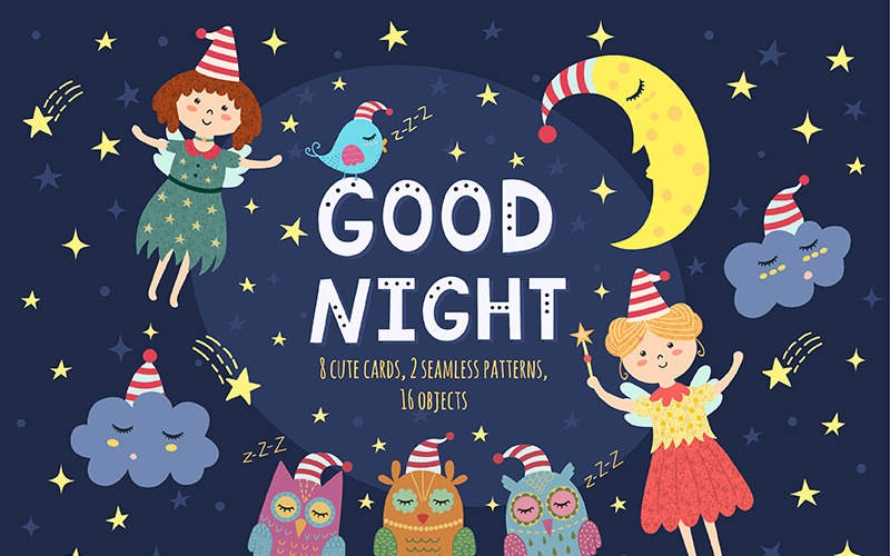 Download Иллюстрация "Good Night Vol. 1: patterns & cards - Illustration" / Good Night Vol. 1: patterns & cards - Illustration - Иллюстрация на тему графика good night sweet dreams seamless pattern print card greeting background postcard moon fairy poster nursery sleep cartoon cute funny graphic