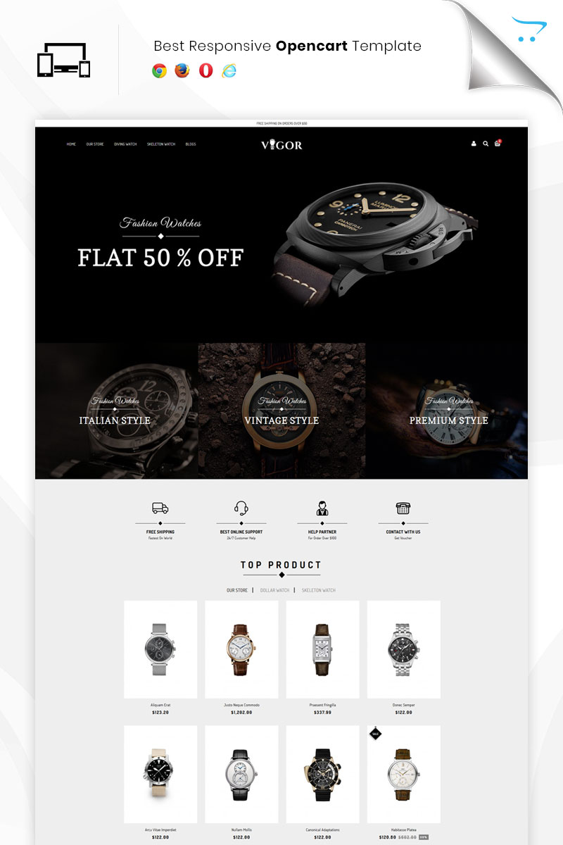 "Vigor - The Watch Store Responsive" - bootstrap OpenCart шаблон №80197 - скріншот