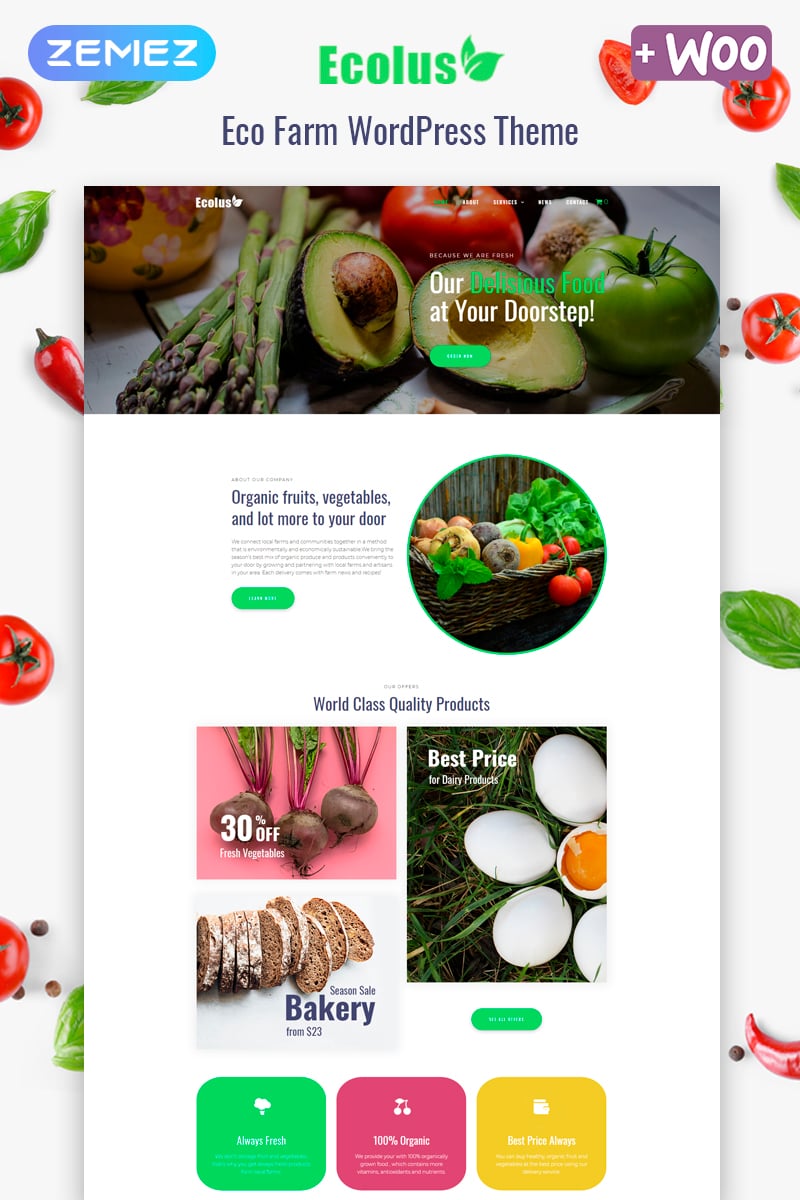 Template WordPress Responsive #80218 "Ecolus - Organic Food Delivery ECommerce Modern Elementor"