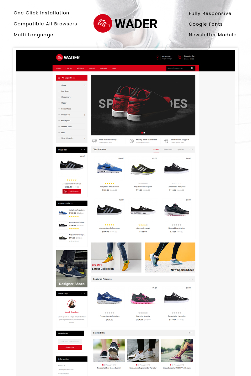 Responzivní OpenCart šablona "Wader Sports Shoes Store" #80356 - screenshot