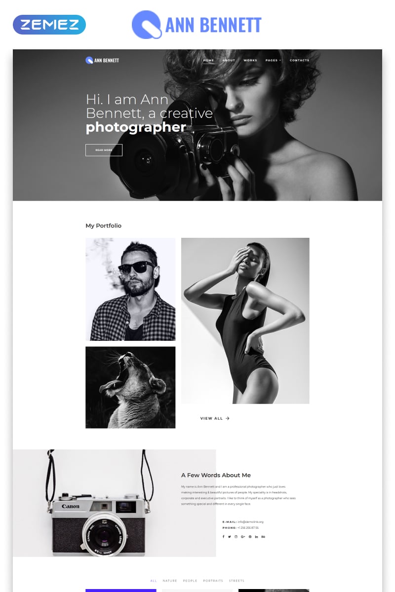 Tema Siti Web Responsive #80376 "Ann Bennett - Photographer Portfolio Multipage Creative HTML"