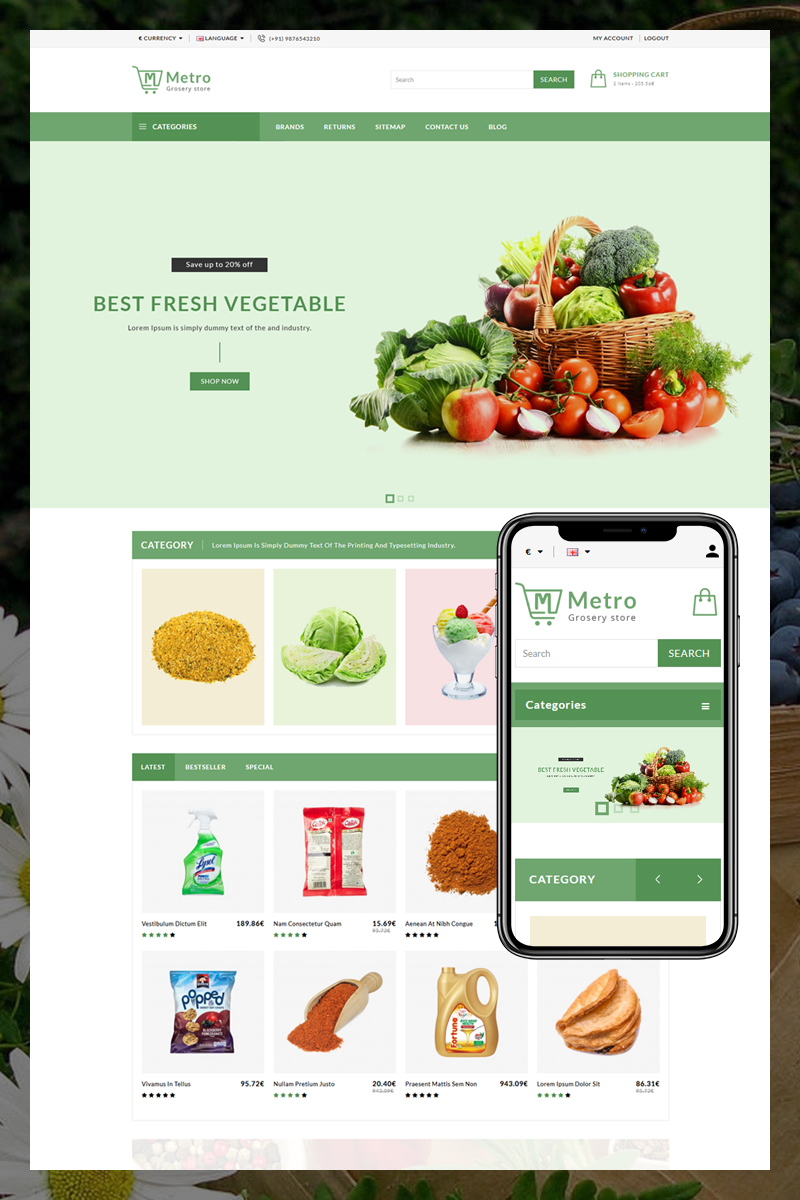"Metro Grocery and Vegetables" - адаптивний OpenCart шаблон №80950