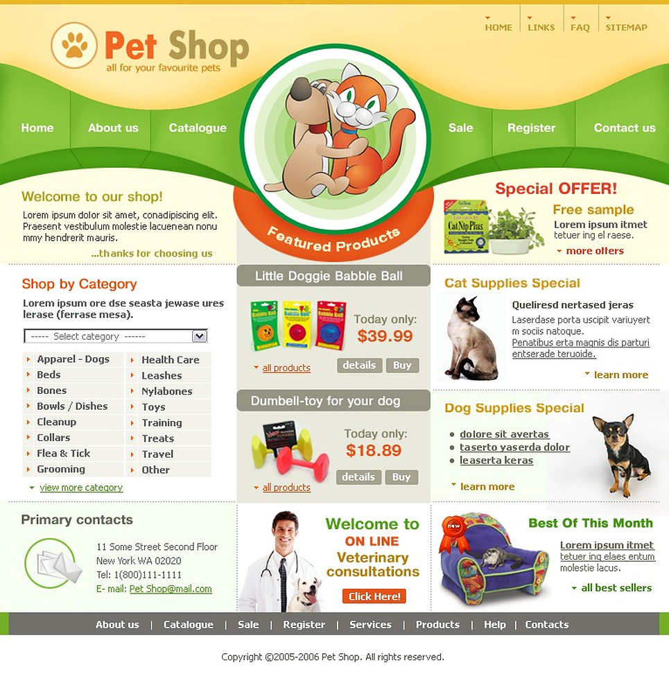 Pet website. Pet shop web user personal. Catalogue about us.