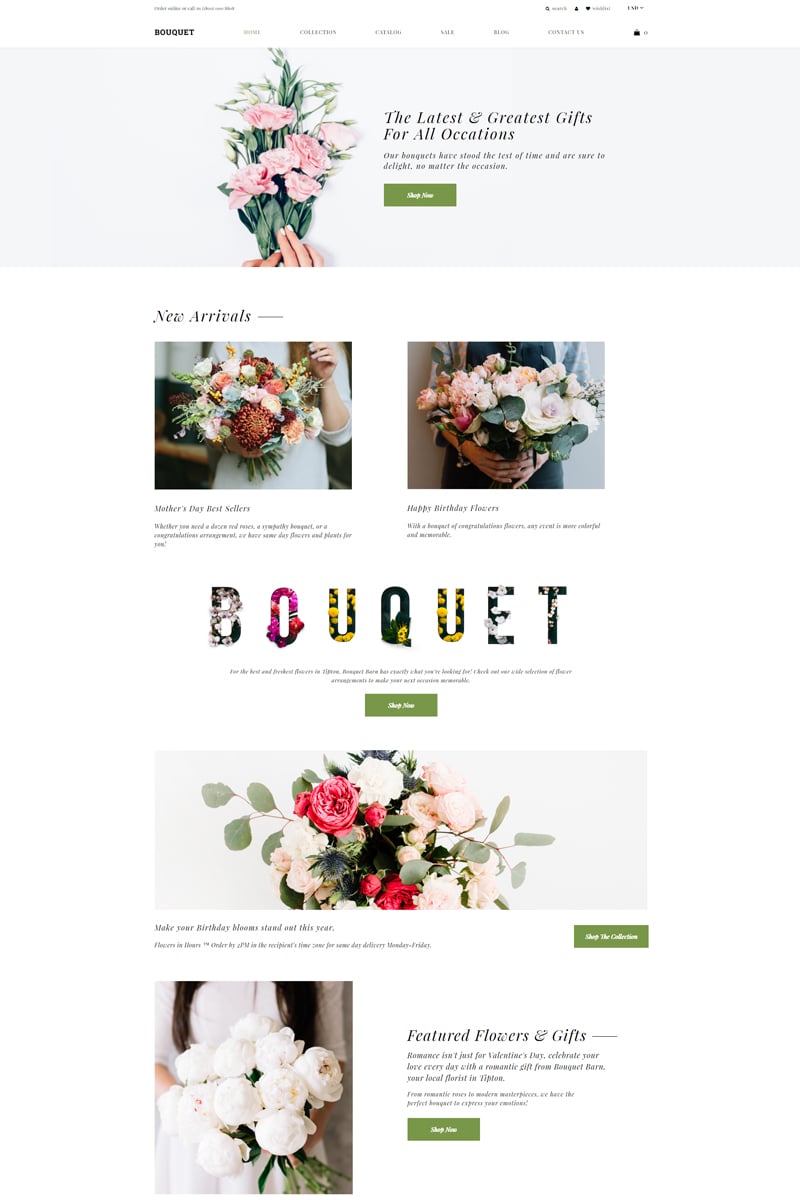 "Bouquet - Flower Shop E-commerce Modern" - адаптивний Shopify шаблон №82064 - скріншот