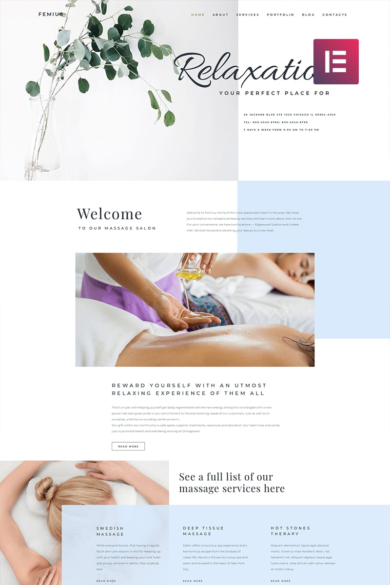 Femius - Massage Salon Ready-to-Use Minimal Elementor WordPress Theme