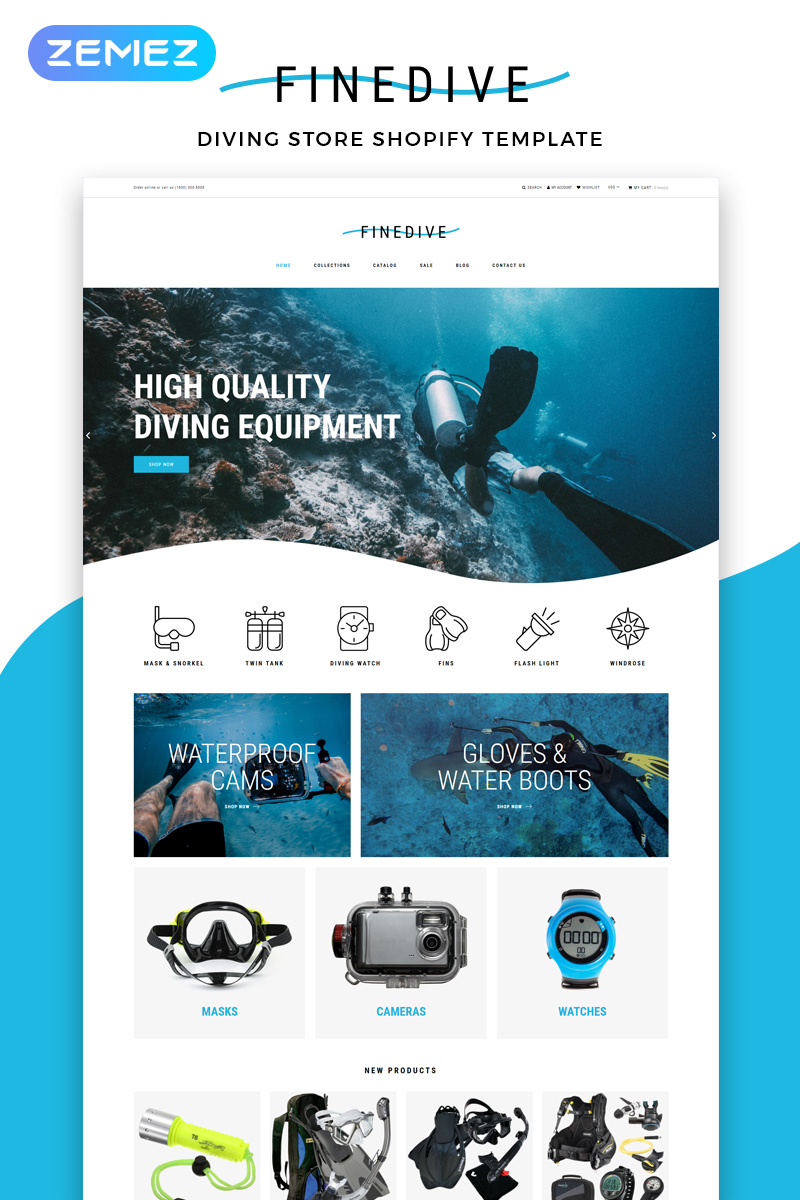 Responsywny szablon Shopify Finedive - Diving eCommerce Clean #83214 - zrzut ekranu