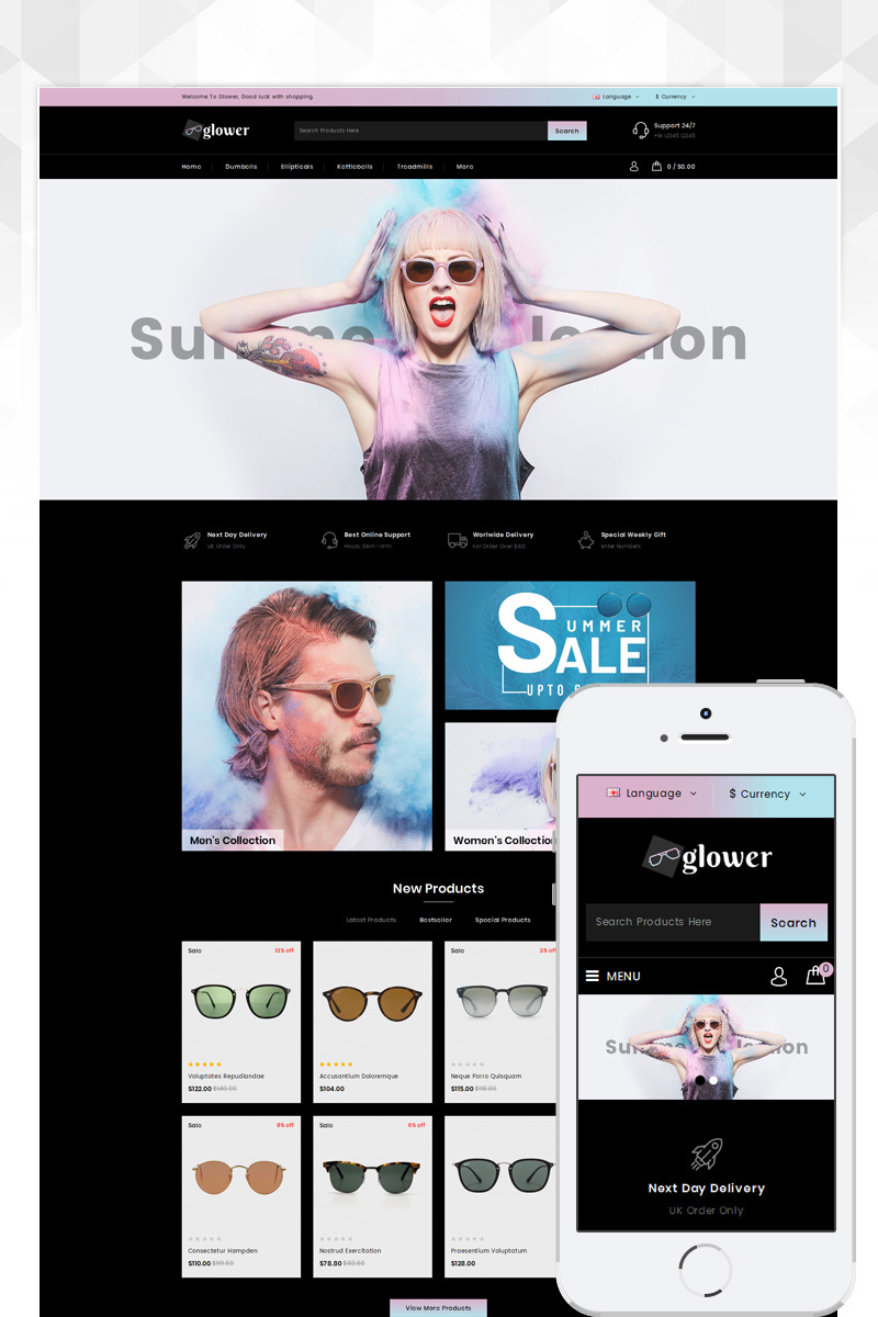 "Glower - Goggles Store" Responsive OpenCart Template №83337 - screenshot