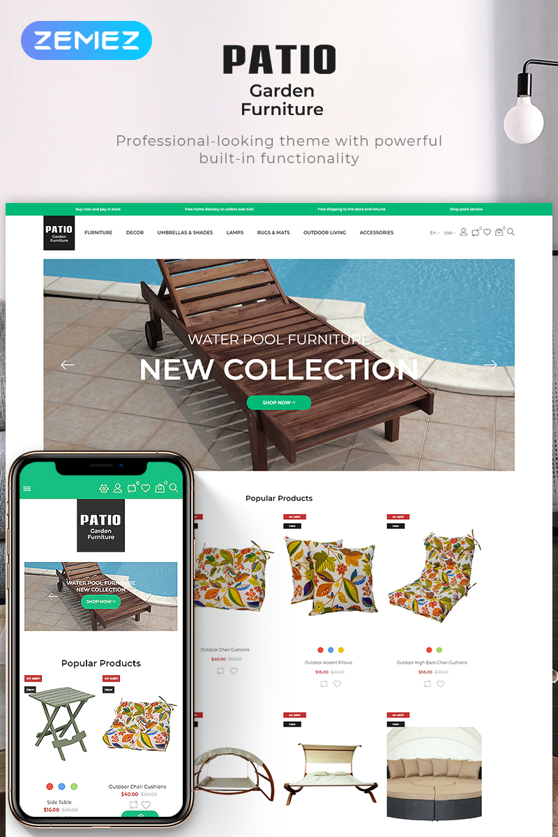 "Patio-Garden Furniture Store Ecommerce Bootstrap Clean" - PrestaShop шаблон №83536