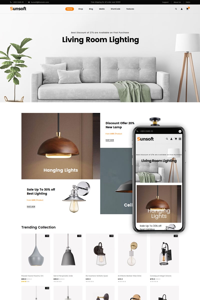 "Sunsoft - Lighting Store" thème WooCommerce adaptatif #83570