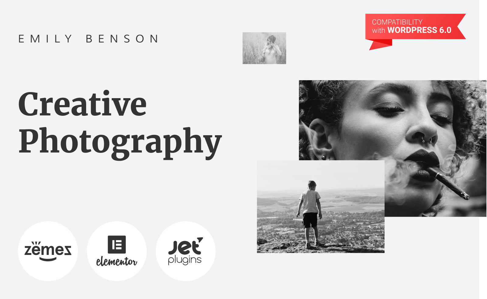 Emily Benson - Photography One page Black&White WordPress Elementor Theme WordPress Theme